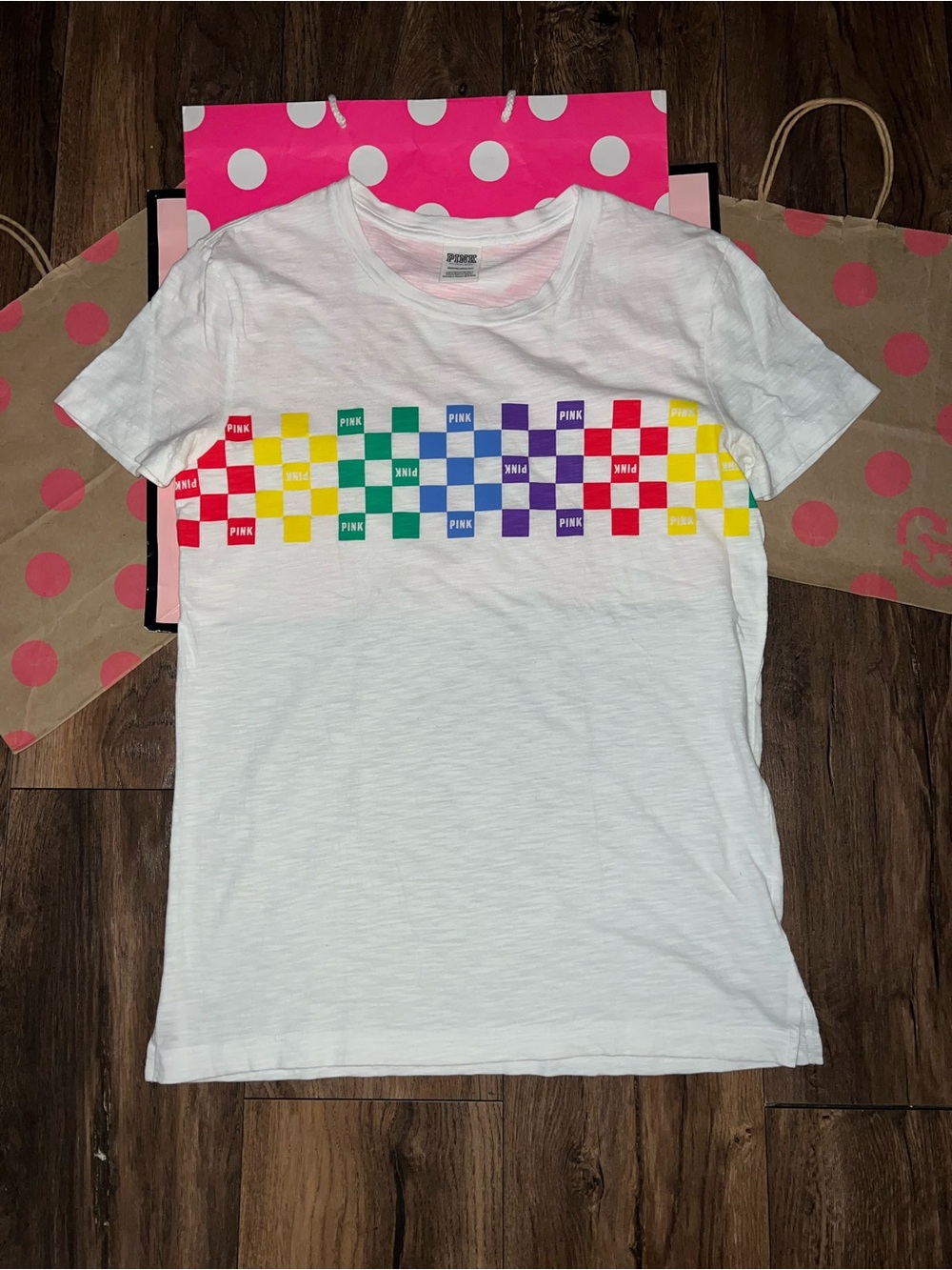 VS PINK Size XS Rainbow Checkered Logo Campus Tee.